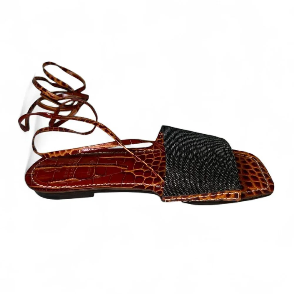 Brunello Cucinelli Women's Orange & Brown Croc Embossed Flat Sandals Sz 37 NWOB